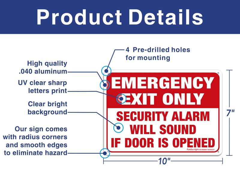 Faittoo Emergency Exit Only - Security Alarm Will Sound If Door Is Opened Sign, 4 Pack, 10 x 7 inch .40 Rust Free Aluminum, UV Protected, Weather Resistant, Waterproof, Durable Ink, Easy to install - Image 2